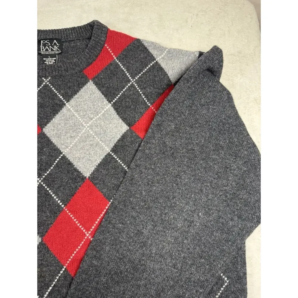 Jos A Bank Mens L Lambswool Blend Argyle Sweater Gray Red Crewneck